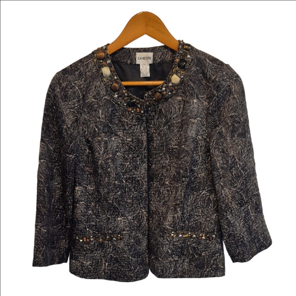 Chico's Jackets & Blazers - Chico's Elegant Black and White Beaded Jacket In Crop Length Chicos Size 0